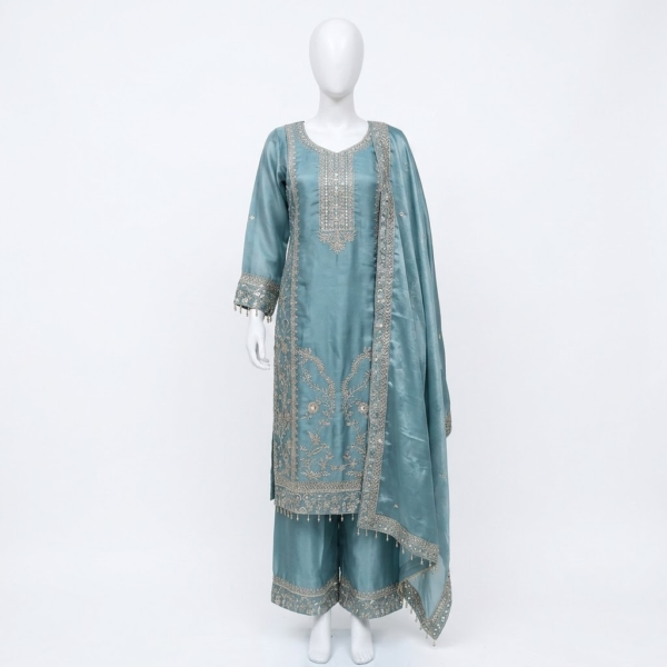 Royal Blue Soft Silk Embroidered Kurta Palazzo Set with Dupatta