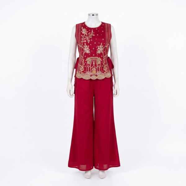 SheWill Maroon Embroidered Shrug Top & Palazzo Fusion Set for Women