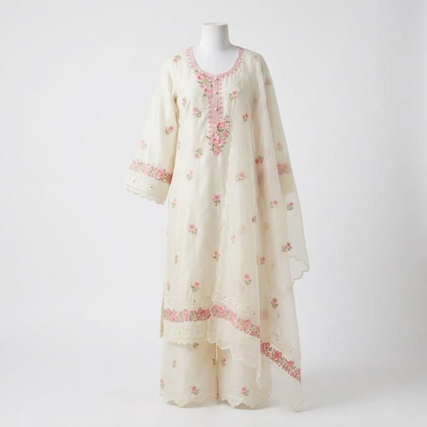 White Chanderi Cotton Embroidered Palazzo Suit Set with Organza Dupatta