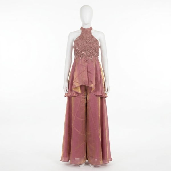 Women's Luxury Fandy Silk Party Wear Kurta Palazzo Set with Hand Bead & Pearl Work