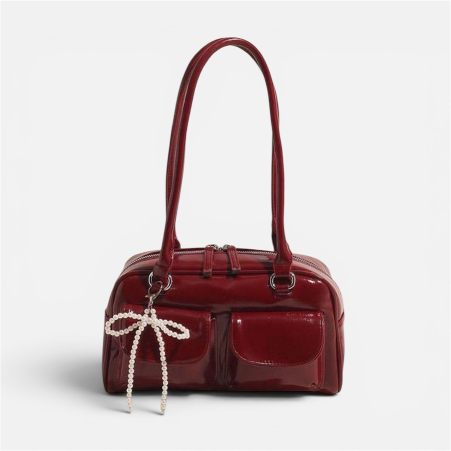 Women's Maroon Double Pocket Bucket Shoulder Bag with Pearl Keychain