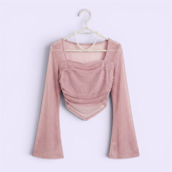 Women’s Onion Lurex Mesh Crop Top with Bell Sleeves Square Neck Ruched Party Wear Top