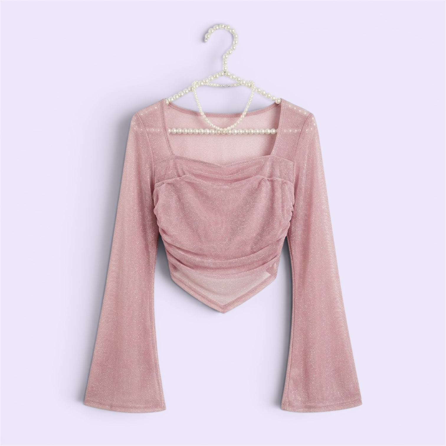 Women’s Onion Lurex Mesh Crop Top with Bell Sleeves Square Neck Ruched Party Wear Top