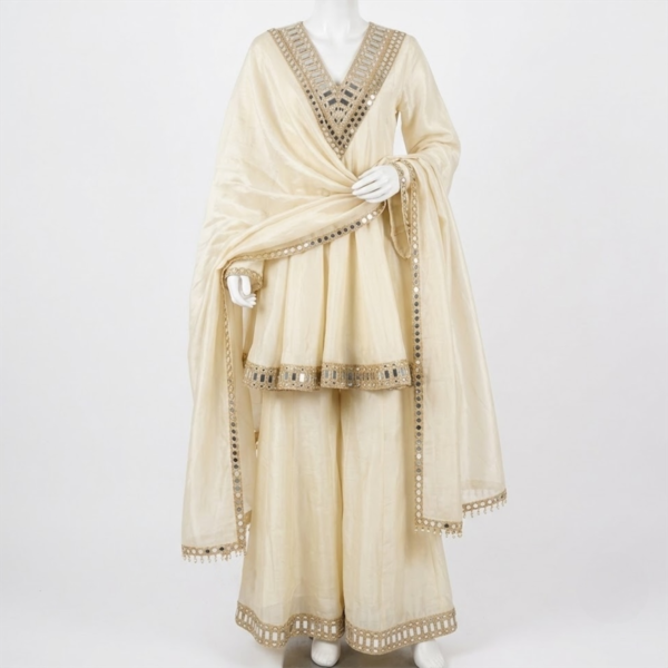 Women's Premium White Mirror Work Flared Kurta Set with Palazzo & Dupatta