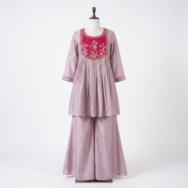 Women's Purple Floral Embroidered Silk Blend Kurta Palazzo Set