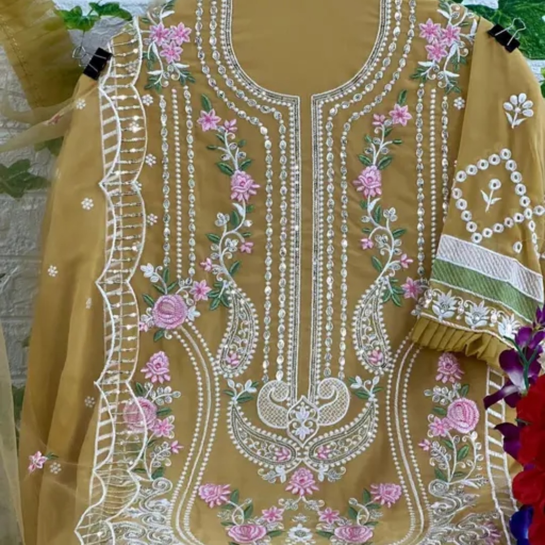 Yellow Embroidered Pakistani Suit with Floral Net Dupatta (1)
