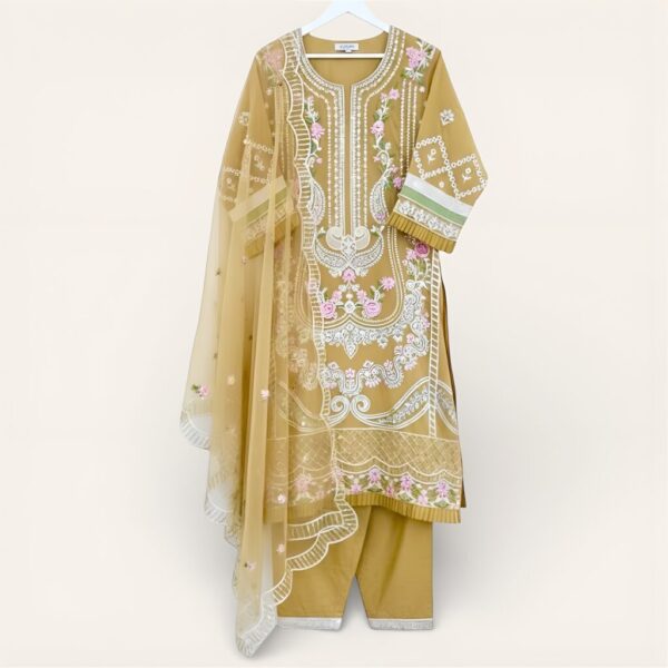 Yellow Embroidered Pakistani Suit with Floral Net Dupatta