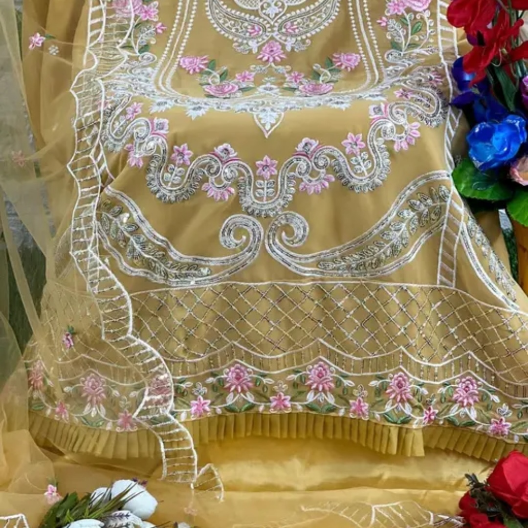 Yellow Embroidered Pakistani Suit with Floral Net Dupatta (2)