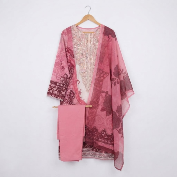 Pink Printed Cotton Kurta Set with Scalloped Pants & Dupatta for Women