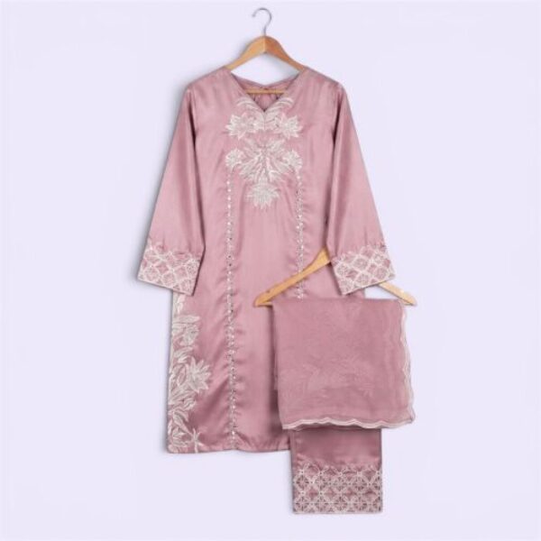 Women's Dusty Mauve Embroidered Farshi Salwar Suit Set with Organza Dupatta | Designer Party Wear